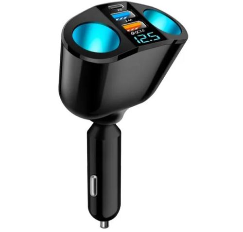 Раздвоитель гнезда прикуривателя In-CAR + БЛОК ПИТ/ЗАРЯД УСТР АВТО 12V / USB-AFх2 + TYPE-C + вольтметр, Вх:DC12-24V; 2 х Вых:гнезда прикуривателя; 2 x