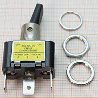 Тумблер автомобильный, 3pin, ON-OFF с фиксацией, 12V 30A, под клеммы, подсв.:синий, 28x16x17мм, нормально замкнут (ASW-07D-2)