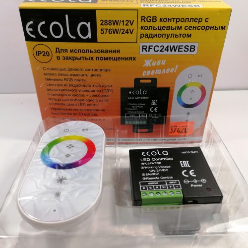 Контроллер RGB с RF-сенсорным пультом,белый 24A, DC12-24V, 288W,4pin,( 3 канала по 8A ), ECOLA, 18 программ, 7 цветов, дальность до 20 метров, RFC24WE