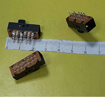 Переключатель движковый (ползунковый), 8pin, 3 полож., 2xON-ON, под пайку, 24x8x7мм, L=9мм, DIP, корпус: стальной (SS23F02G5)