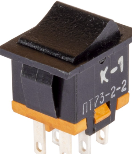 Тумблер клавишный, 6pin, групп: 2, 2 полож., 2xON-OFF с фиксацией, AC 220/250V 3.0A, под пайку, 15x14x13мм, Фланец: 20х15мм, корпус: черный (ПТ73-2-2)