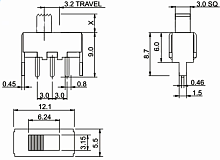 Переключатель движковый (ползунковый), 3pin, 2 полож., ON-ON с фиксацией, 50V 0.5A, под пайку, 12x5,5x5,5мм, L=2мм, DIP, корпус: стальной (SS-12F44-G3
