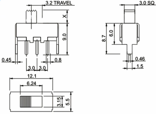 Переключатель движковый (ползунковый), 3pin, 2 полож., ON-ON с фиксацией, 50V  0.5A, под пайку, 12x5,5x5,5мм, L=2мм, DIP, корпус: стальной (SS-12F44-G