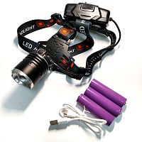 Фонарь головной св/диодный GL-870-P90  мощный светодиод,  ZOOM, 3 режима свечения,  Li-ion 18650 3 шт.( в компл), заряд от microUSB ; функция POWERBAN