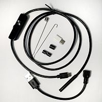 ВИДЕОЭНДОСКОП Гибкая камера, для смартфона IP67 "Android"; кабель micro USB (штек/гнезд)+ перех.TYPE C; (d=5,5мм/мягкий кабель-1м); HD 640*480; 6LED