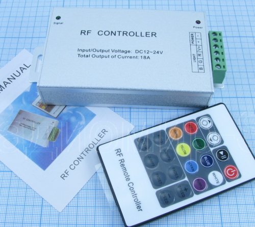 Контроллер RGB с RF-пультом: 18A, DC12-24V, 288W, (3 канала по 6A); Пульт-20кн.(8 цветов); корпус-металл; габариты: 102х64х23мм