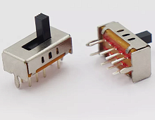 Переключатель движковый (ползунковый) G5 движковый, 8pin, 3 полож., 2xON-ON-ON, 50V 0.5A, под пайку, 12,7x7,1x4,8мм, L=5мм, DIP, корпус: стальной (SS2