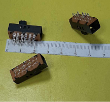 Переключатель движковый (ползунковый), 8pin, 3 полож., 2xON-ON с фиксацией, под пайку, 24x8x7мм, L=9мм, DIP, корпус: стальной (SS23F02G5)