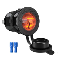 Гнездо прикуривателя на корпус (с крышкой) 12V 120W; ВРЕЗНОЕ; с подсветкой оранжевого цвета; на клеммах 6,3мм; монтаж в панель, d=27мм (с гайкой); каб