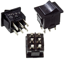 Тумблер клавишный, 6pin, групп: 2, 2 полож., 2xON-ON с фиксацией, AC 220/250V 3.0A, под пайку, 15x14x13мм, Фланец: 20х15мм, корпус: черный (ПТ73-2-3)