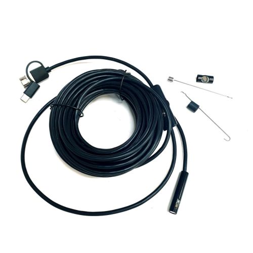 ВИДЕОЭНДОСКОП с двумя камерами (фронтальная и боковая) "Android 3 in 1" (microUSB + USB + Type-C) (d=8мм/мягкий кабель- 10м) ; IP67;  HD 640*480/1280*