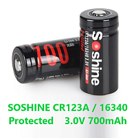АККУМУЛЯТОР  16340 3,0V  700mAh с платой защиты Li-Ion  SOSHINE CR123A/16340 Protected ( литий-ион ), Rвнутр.=80mOm 