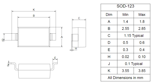 Стабилитрон ZENER 12V 0.5W BZT52C12 5ma стабилитрон (Марк. WH) SOD123/SOD-123 (Размеры 2.7 х 1.55мм) фото 3