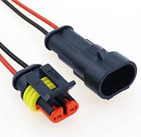 Разъем герметичный 2-х контактный (2PIN) (IP67) AMP КОМПЛЕКТ(штекер+гнездо) с проводами (красн/черн) (AWG18 сеч.0.75мм, L проводов=45-80мм) серия:1.5 