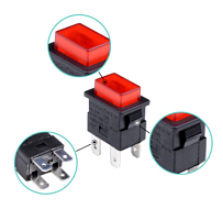 Кнопка прямоугольная для пылесоса, 4pin, 2xOFF-ON с фиксацией, AC 220/250V 16A, под клеммы 6.3мм, подсв.:красный, 19x13мм, Фланец: 21х15мм, нормально 