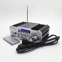 Усилитель звука СТЕРЕО  2х20W   AC220V/DC12V  12V/5A; FM - 87.5-108 мГц    Вход AUX IN 	2*RCA / 3.5мм   Высокие частоты:10dB ± 10KHz; Низкие частоты :