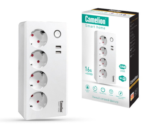 УМНЫЙ СЕТЕВОЙ ФИЛьТР SPS/SH/4х1,5/USB/WIFI  Camelion Smart Home  2USB+4 роз 1,5 метра 16А 3680W (WiFi+контроль) (SPS/SH/4x1,5/USB/WiFi)  Удаленное упр