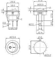 Клавишный переключатель круглый, 3pin, ON-OFF с фиксацией, AC 220/250V 6.0A, под клеммы 4.8мм, подсв.:зеленый, 17x12мм, d:20мм Фланец: 23мм, IP55, кор