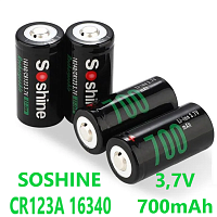 АККУМУЛЯТОР  16340 3,7V  700mAh без платы защиты Li-Ion "высокий Плюс" SOSHINE CR123A/16340  ( литий-ион ),