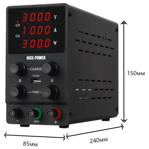 Блок питания лабораторный импульсный, 0-30V, 0-10A, 300W, 290x120x200мм, вх: AC 220-250V, с кабелем, металл, вентилятор. Гнездо USB-A NICE-POWER SPS-3 фото 3