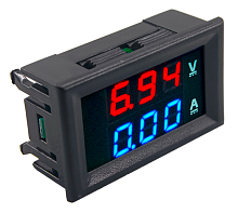 Вольтметр- амперметр цифр. встраив. I=0- 50A, Uизм=0-100V;(±1%), 3-хразрядн; 2 ряда цифр (красно-синие) (шунт внешний+провода -в компл.),   Uпит=4,5-3