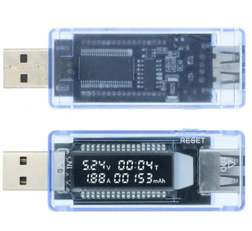 USB ТЕСТЕР напряжения и тока+подсчет емкости заряж. аккум  U=4,0 -20,0V(10mV): A=0 -3A (10mA) Предназначен для измерения напряжения на выходе USB 