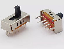 Переключатель движковый (ползунковый) G5 движковый, 8pin, 3 полож., 2xON-ON-ON с фиксацией, 50V 0.5A, под пайку, 12,7x7,1x4,8мм, L=5мм, DIP, корпус: с
