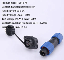 Разъем герметичный М13 7-ми контактный (7pin) (IP68) КОМПЛЕКТ (штыревая+гнездовая часть) SP13-7F НА КАБЕЛЬ-штекер/на КОРПУС-гнездо Черный/синий, обрез