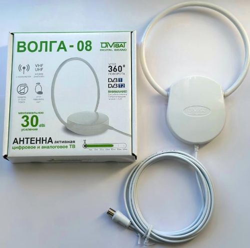 АНТЕННА КОМНАТНАЯ АКТИВНАЯ DVB-08 "Волга" Усиление антенны 30 дБи достаточно для приёма сигнала в зоне прямой видимости на расстоянии до 80км