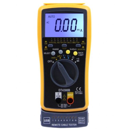 Мультиметр DT-4300B + кабельный LAN тестер;  Дисплей 1999,  Udc=200mV-600V ±0.5%;  Uac=200mV-600V ±1.0%;  Idc=200µA-200mА ±1.8%; Iac=200µA-200mA ±2.0%
