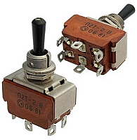 Тумблер, 6pin, групп: 2, 3 полож., 2xON-OFF-ON с фиксацией, AC 220/250V 6.0A, под пайку, 33,5x19x22мм (П2Т-2В)