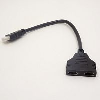 Разветвитель HDMI  v.1.4 1Вход (HDMI штек). - 2Выхода (HDMI гнездо) (переходник) на кабеле L =30см; контакты: GOLD; HIGH SPEED CABLE AWM 30V VW-1 