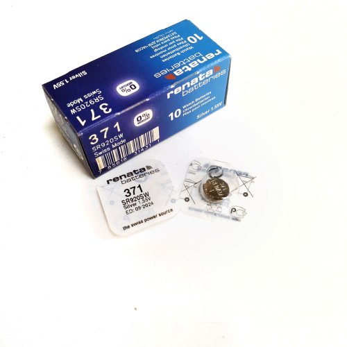 БАТАРЕЙКА 371 SR920SW,<RENATA> (SR921, SR69, GS6, =G06, AG6) 1,55v 40mA Silver Oxide (серебряно-цинковая)  ( 0% Mercury ); дисковая: 9,5х2,1мм.  BL-1