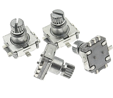 Энкодер  5pin 12х12х4,5мм SMD (L=10мм) (с кнопкой EC11) ручка мет. круг , накатка , разрезная D=6 (дискр.=30) без резьбы, Шаттл а/м	