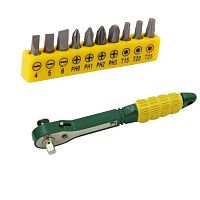 Отвертка с трещоткой  11 в 1 с набором бит, Типы бит: прямой шлиц SL4, SL5, SL6, крестообразная PH1, крестообразная PH2, PZ1, PZ2, T15, T20, AD; прочн