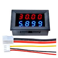 Вольтметр- амперметр цифр. встраив. I=0-10A, Uизм=0-200v ( ±1% ) 4-х разрядн- 2 ряда цифр ( шунт встроен )  Uпит=4,5-30v;  (красно- синие; выс=7,2мм )