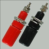 Гнездо приборное на корпус с гайкой (под банан) 45мм; пластик (Ось с отверстием); Черн/Красн.; резьба: гайка малая d=3мм/гайка большая d=7мм; (Разъем 