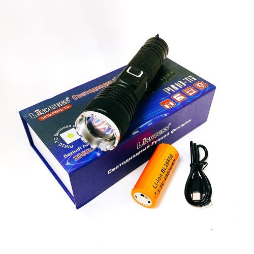 Фонарь св/диодный S010-PM10-TG светодиод TG; LED-дисплей; алюм. корпус; 5 реж свечения; ZOOM; Вес фонаря: 270гр  LIGHTESS