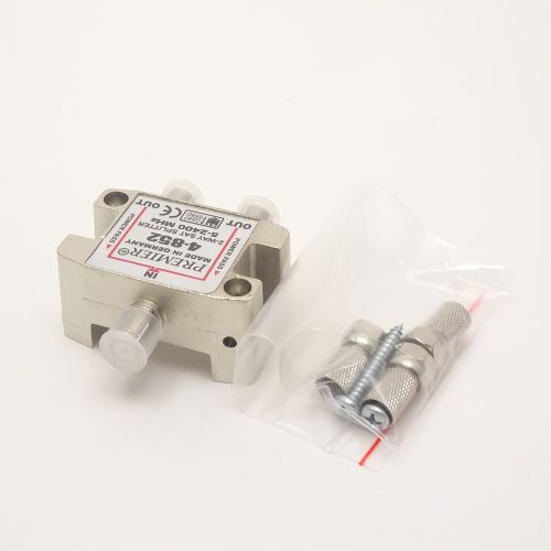 Разветвитель 2-WAY SPLITTER 1 х 2 5-2400MHz сплиттер спутниковый с проходом питания / +  F  RG-6 (3 шт.), в упаковке, GERMANY фото 2