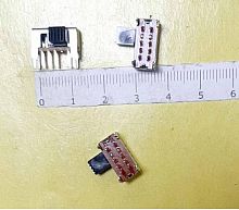 Перекл. движковый 8 PIN (2гр.x4pin) SK23D04G6 ON-ON-ON 0.3A 50V DC 3 положен. (14,3х6,6х7мм.) толкатель PG (h6х5х4мм) вертик. монтаж, корп. метал. №63