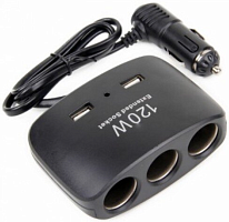 Растроитель гнезда прикурив. с проводом 12V/24V 10A 120W  OLESSON  1511 In: DC12V-24V (штек.прикур); Out: 3 гн.прикур.-10A 120W + 2 хUSB (5V 1000mA); 