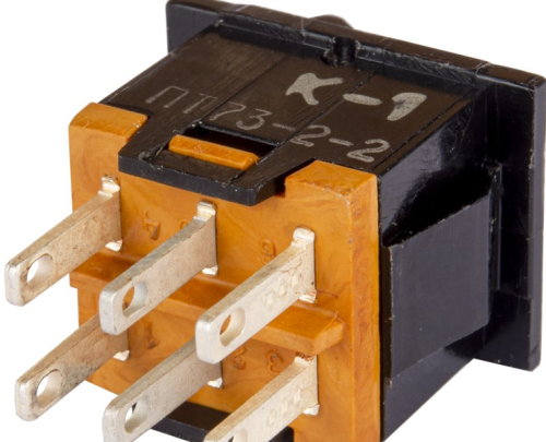 Тумблер клавишный, 6pin, групп: 2, 2 полож., 2xON-OFF с фиксацией, AC 220/250V 3.0A, под пайку, 15x14x13мм, Фланец: 20х15мм, корпус: черный (ПТ73-2-2) фото 2