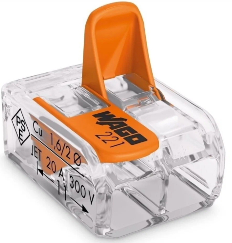 Клеммник нажимной на кабель 2-контактный многоразовый "PCT-412" (аналог WAGO 221-412); на провод сечением:3х0,08-4мм2/ многожильного: 3х0,08-2,5мм2 пр