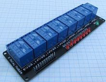 МОДУЛЬ РЕЛЕ на 8 каналов 5V для ARDUINO  Uпит=5V; U max.коммутир.=30VDC/250VAC; ток max.коммутир.=10A; св/дная индикация; распиновка: VCC: 5V; GND: зе