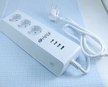 Умный сетевой фильтр HIPER IoT PS34 (Wi-Fi);  3 розетки + 4 х USB порта 5V/2.1A max 12W; Wi-Fi IEEE 802.11 b/g/n 2,4ГГц; мощность нагрузки до 2500W; A