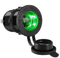 Гнездо прикуривателя на корпус (с крышкой) 12V 120W; ВРЕЗНОЕ; корпус: пластик; с подсветкой зеленого цвета; на клеммах 6,3мм; монтаж в панель, d=27мм 
