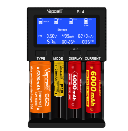 Зарядное устройство «VAPCELL BL4 » для зарядки 1-4 Ni-Mh, Ni-Cd, Li-Ion, LiFePO4 аккумуляторов Li-ion 3.6–3.7 В: до 4.20 В;Li-ion 4.35 В: до 4.35 В. L Зарядное устройство «VAPCELL BL4 » для зарядки 1-4 Ni-Mh, Ni-Cd, Li-Ion, LiFePO4 аккумуляторов Li-ion 3.6–3.7 В: до 4.20 В;Li-ion 4.35 В: до 4.35 В. L