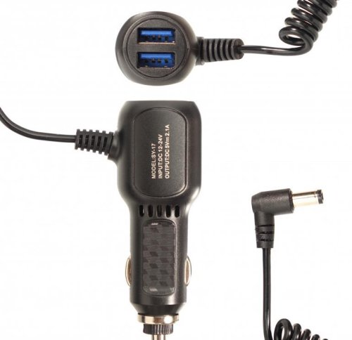 БЛОК ПИТ/ЗАРЯД УСТР АВТО 12V / USB-AFх 2 + штекер 5.0x2.5мм (угл)  DC5V 2100mA  "SY-17" (шнур 1.8м); подходит для радар-детектора, антирадара, навигат