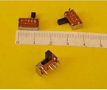 Переключатель движковый (ползунковый), 8pin, 3 полож., 2xON-ON-ON без фиксации, 50V 0.3A, под пайку, 12,8x7x4мм, L=6мм, DIP угловой, корпус: стальной 