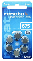 БАТАРЕЙКА  ZA675 <RENATA> (PR44/AC675/DA675/V675A), 1,45V 660mAh, Zinc-Air (воздушно-цинковая); Для слуховых аппаратов, Цена за 1шт. ( BL-6 )    